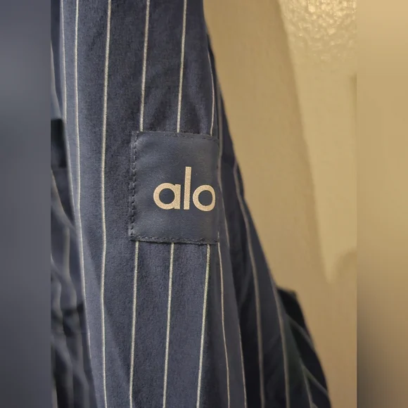 Alo Pinstripe Daylight  Button Down Longsleeve Shirt Blue Women's Size L NWT - Picture 4 of 10